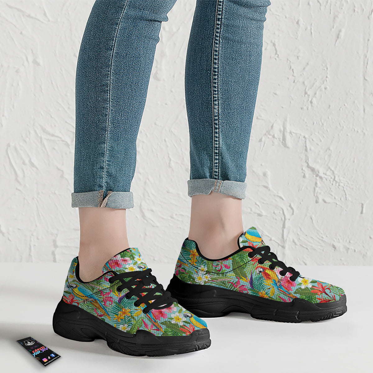 Parrot Tropical Print Pattern Black Chunky Shoes-grizzshop