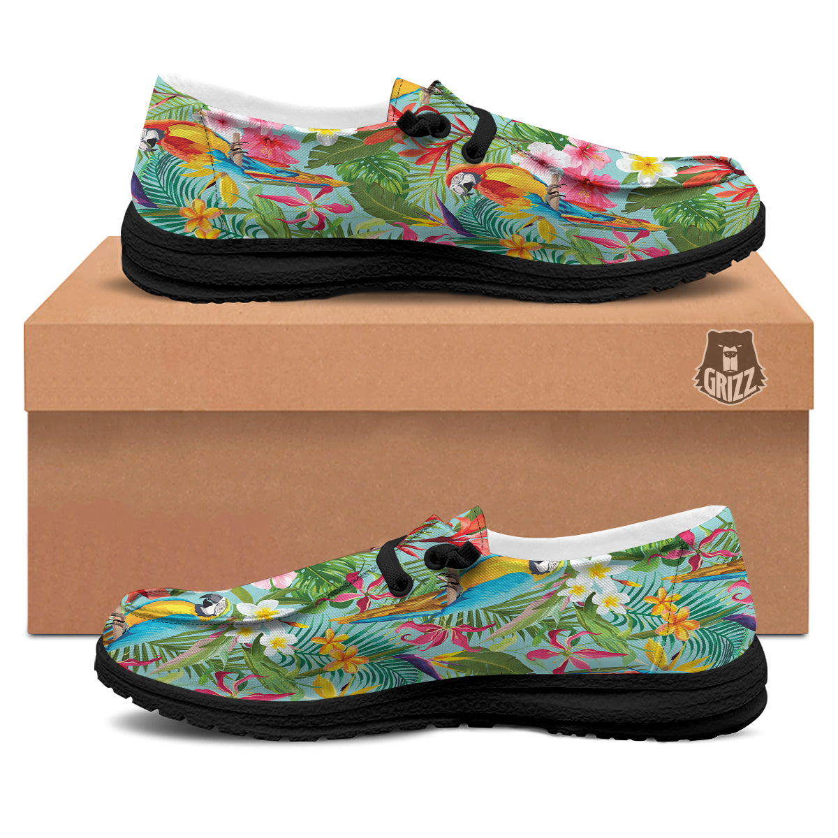 Parrot Tropical Print Pattern Black Loafers-grizzshop