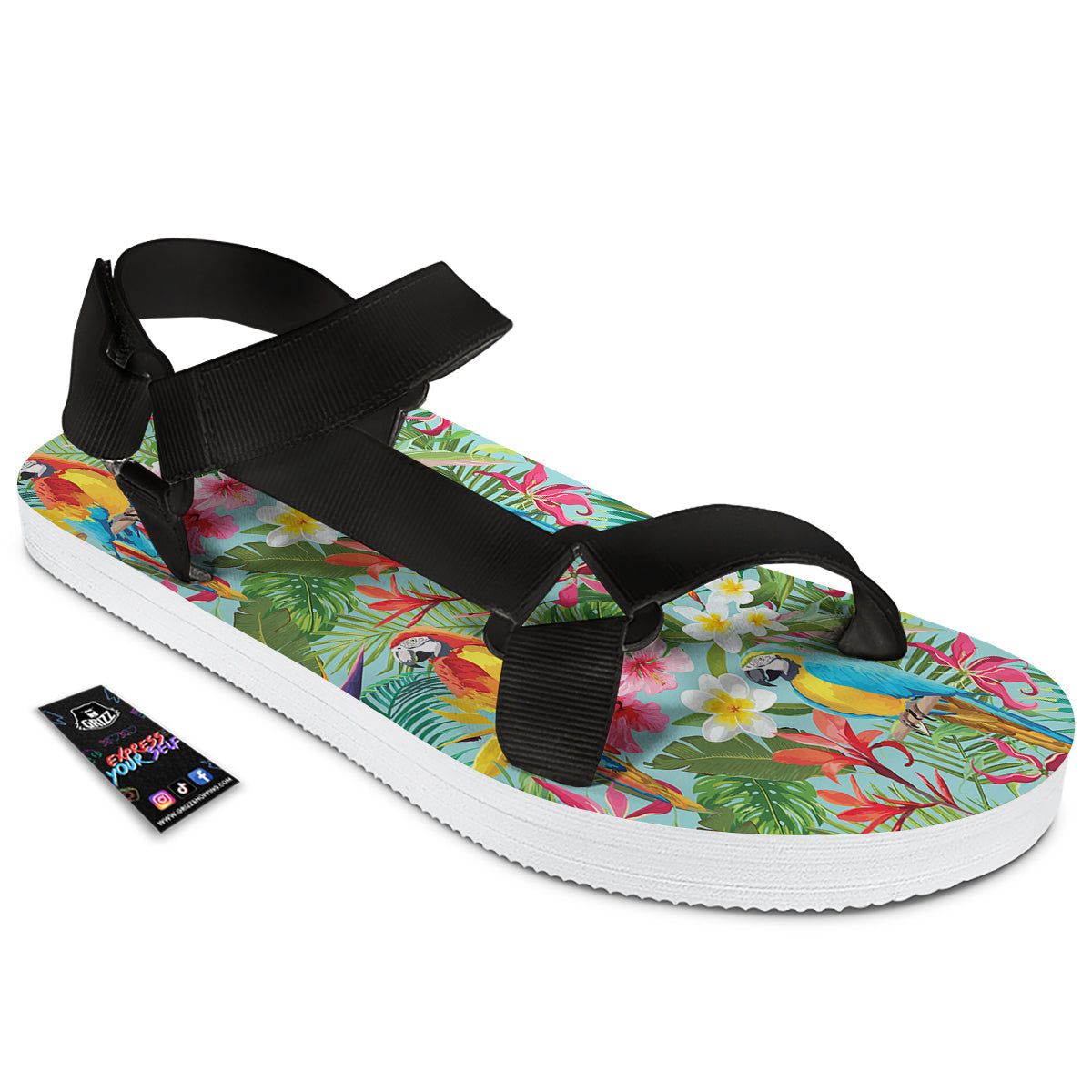 Parrot Tropical Print Pattern Black Open Toe Sandals-grizzshop