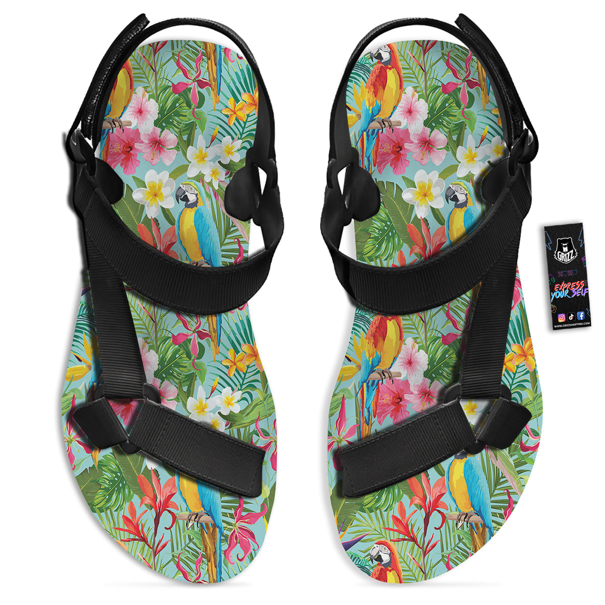 Parrot Tropical Print Pattern Black Open Toe Sandals-grizzshop