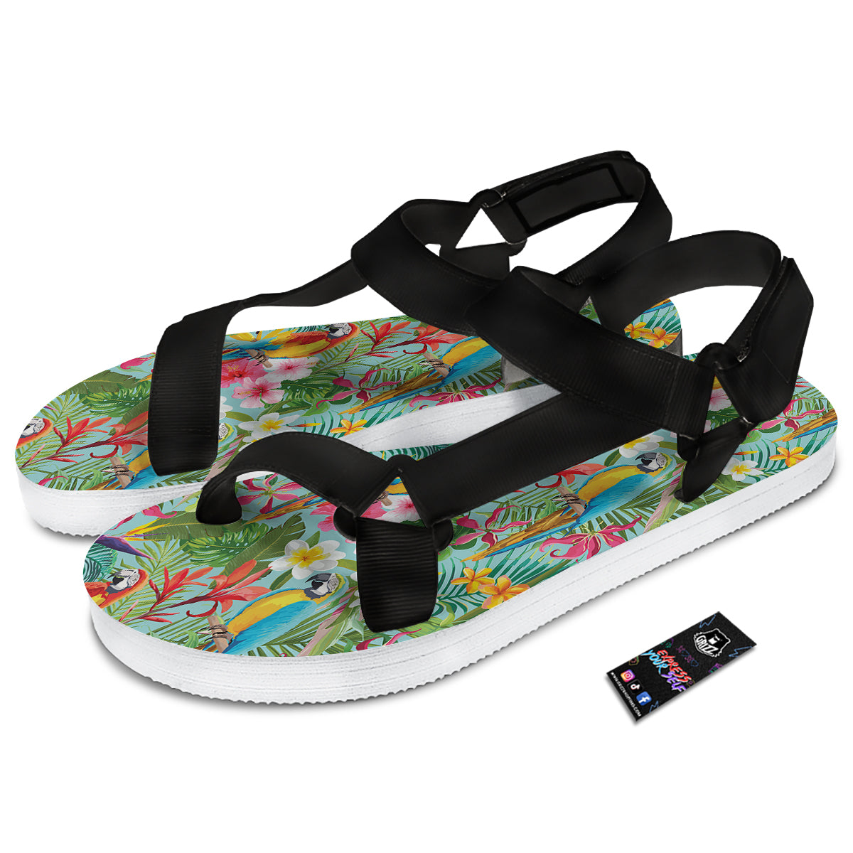 Parrot Tropical Print Pattern Black Open Toe Sandals-grizzshop