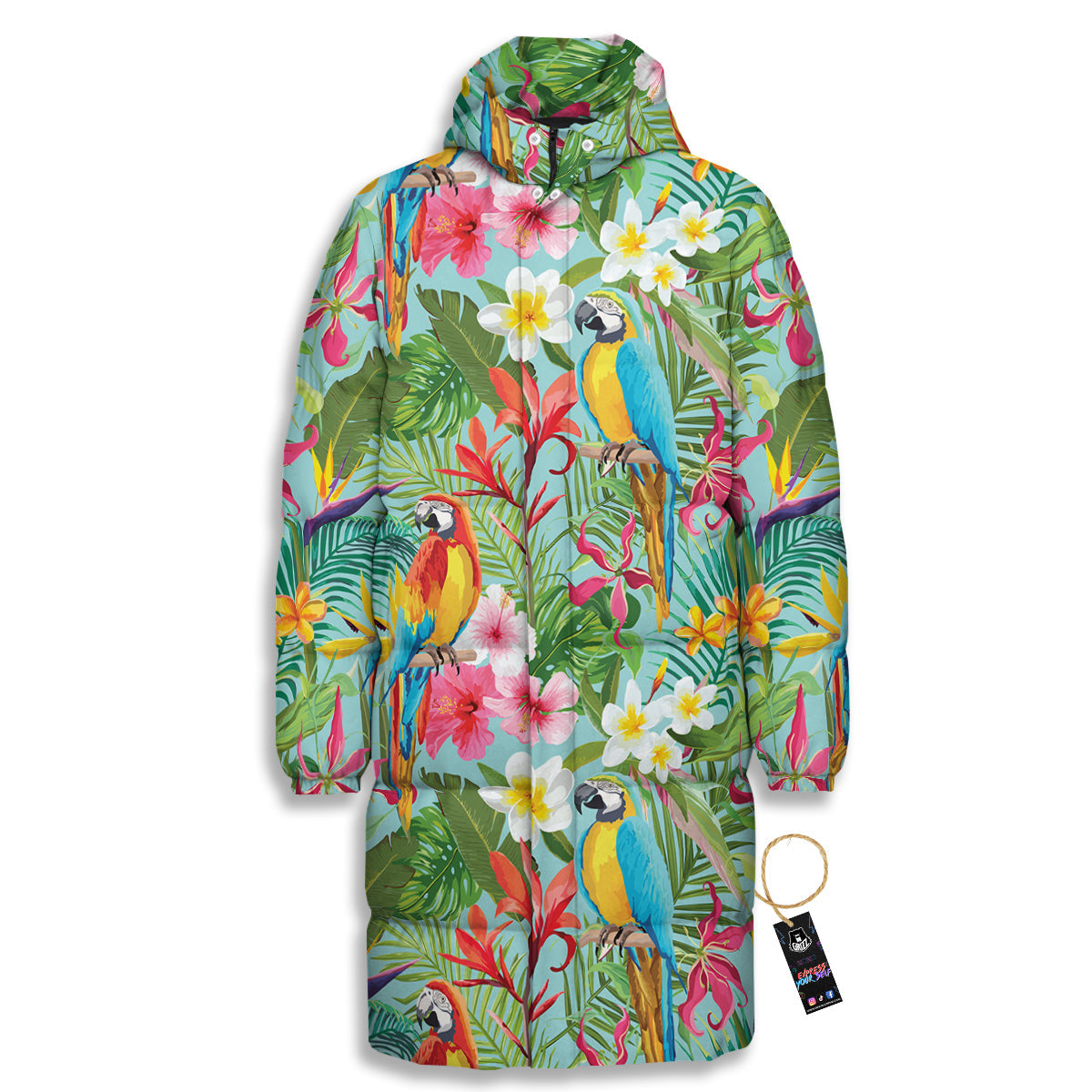 Parrot Tropical Print Pattern Long Down Jacket-grizzshop