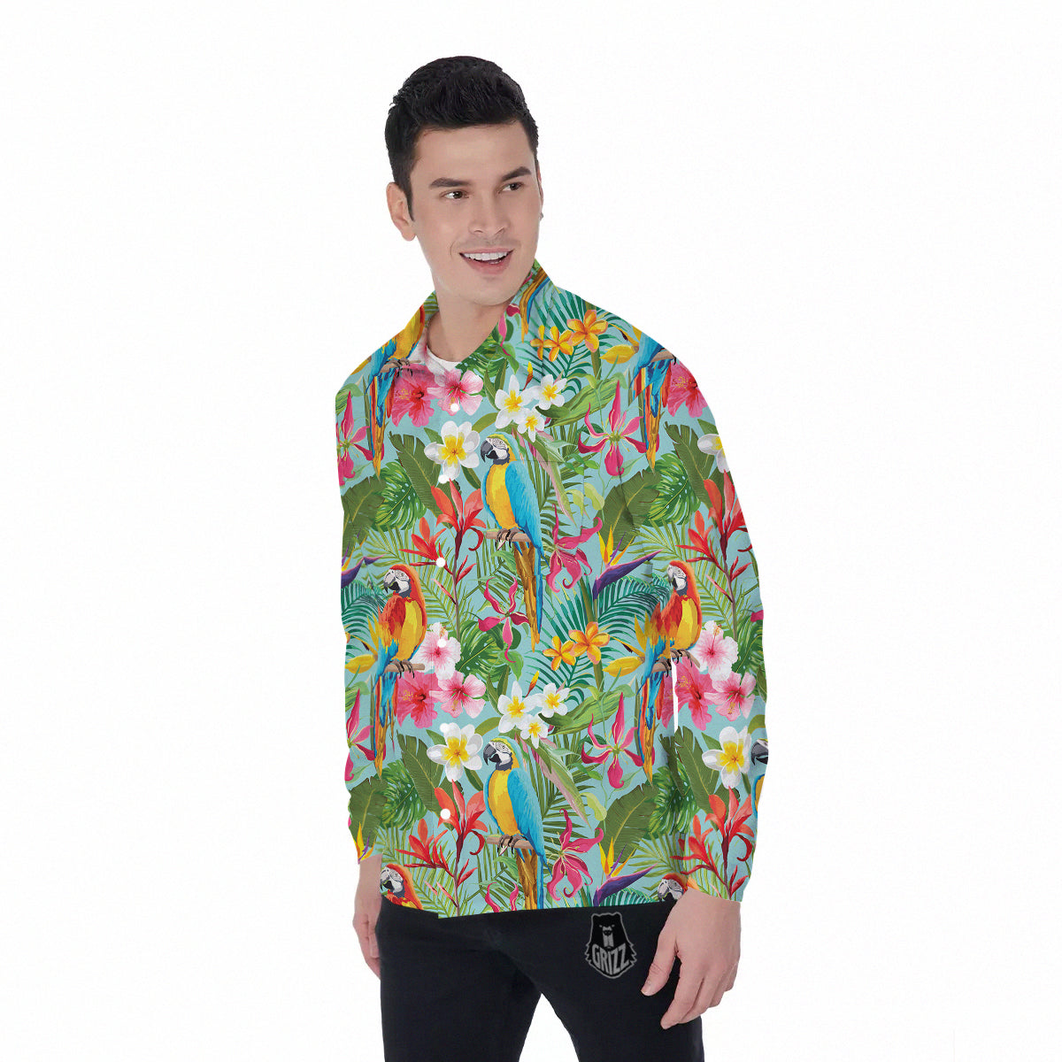 Parrot Tropical Print Pattern Men's Long Sleeve Shirts-grizzshop