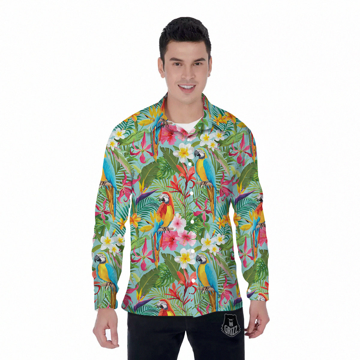 Parrot Tropical Print Pattern Men's Long Sleeve Shirts-grizzshop