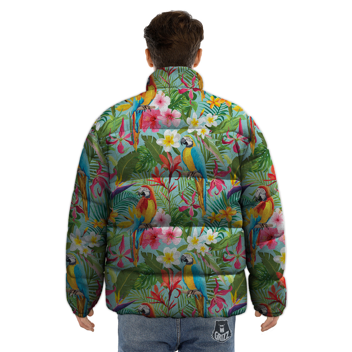 Parrot Tropical Print Pattern Puffer Jacket-grizzshop