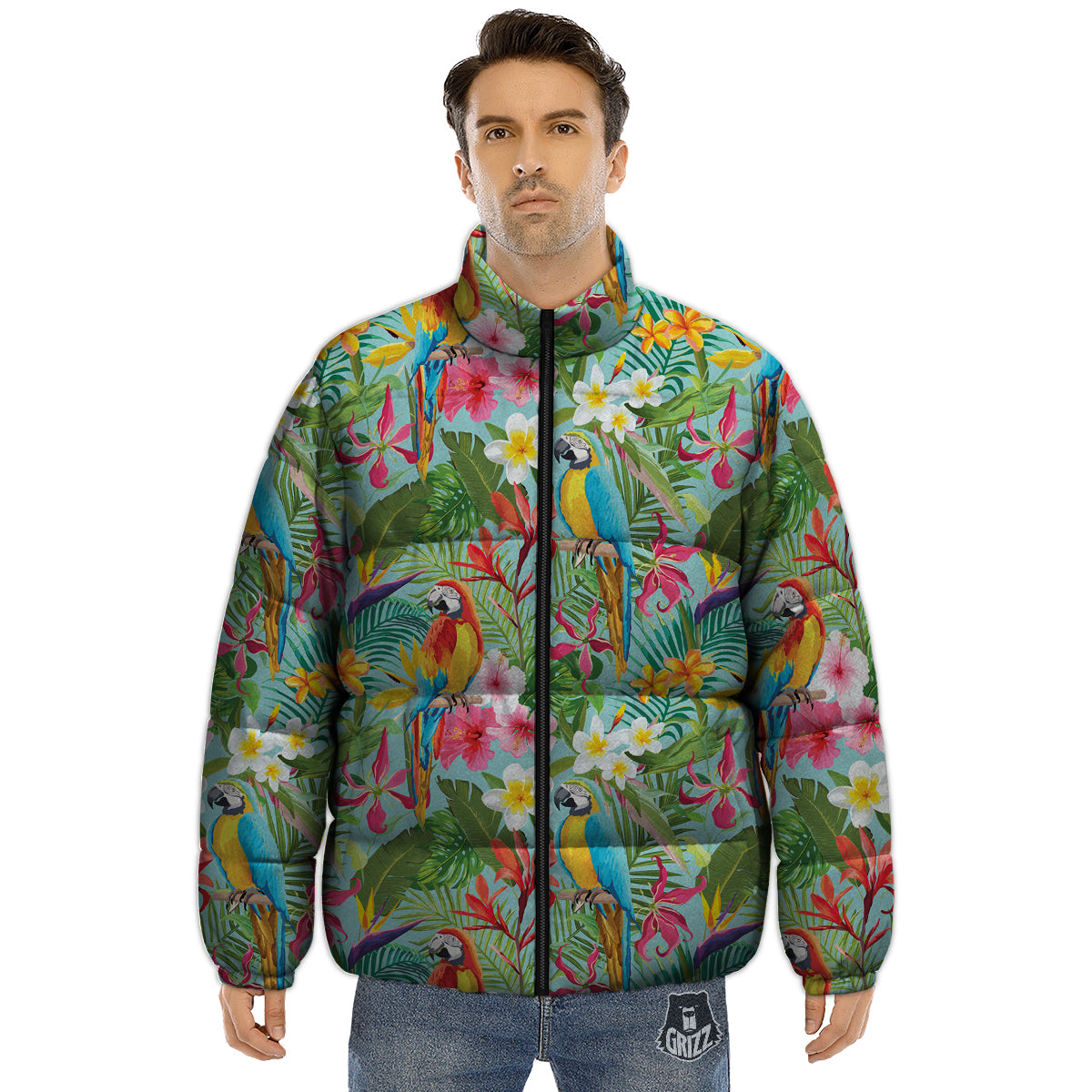 Parrot Tropical Print Pattern Puffer Jacket-grizzshop