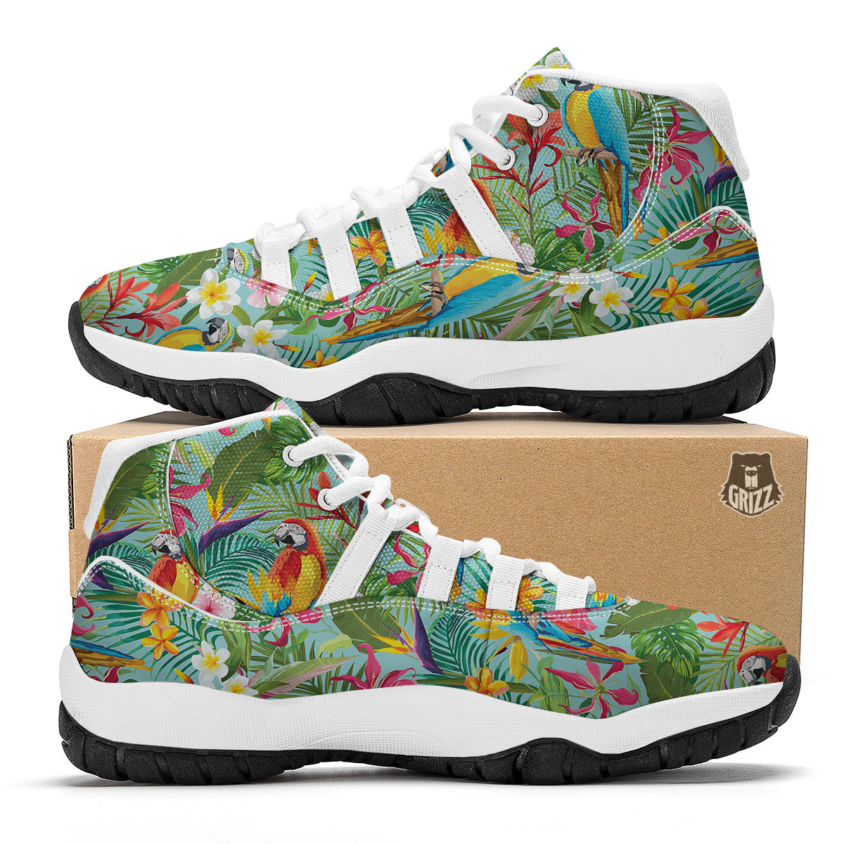 Parrot Tropical Print Pattern White Bball Shoes-grizzshop