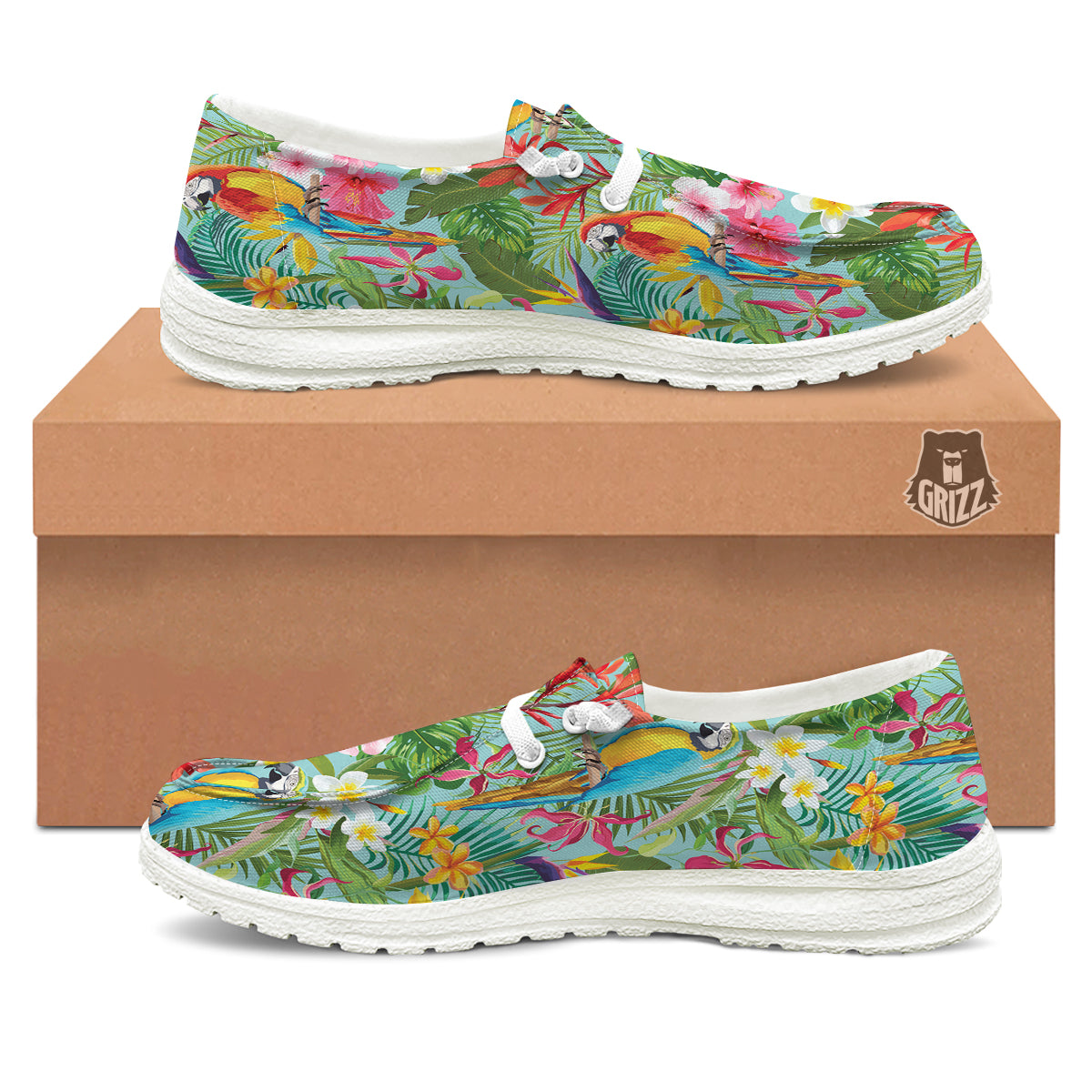 Parrot Tropical Print Pattern White Loafers-grizzshop