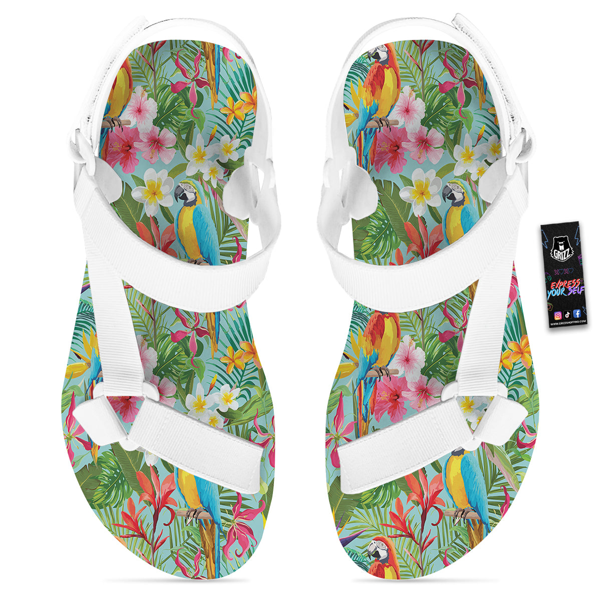 Parrot Tropical Print Pattern White Open Toe Sandals-grizzshop