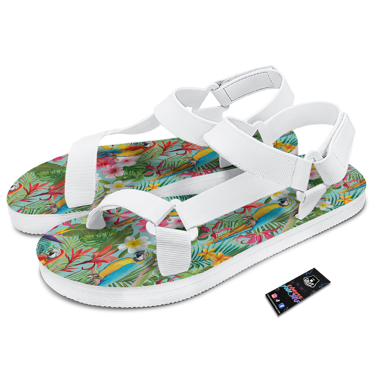 Parrot Tropical Print Pattern White Open Toe Sandals-grizzshop