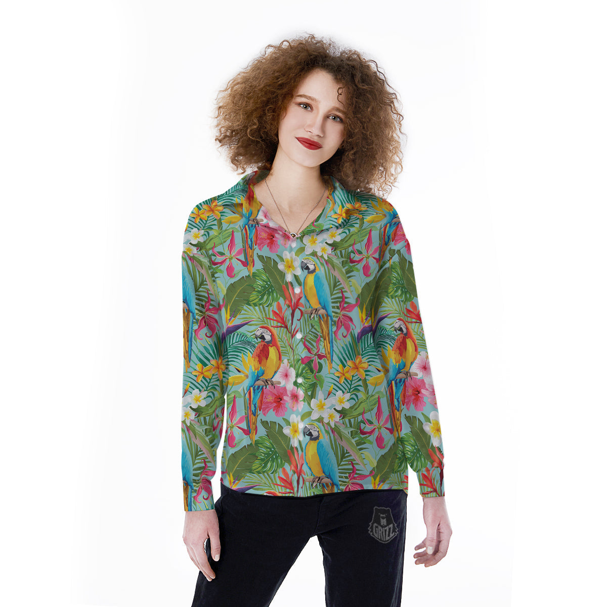Parrot Tropical Print Pattern Women's Long Sleeve Shirts-grizzshop