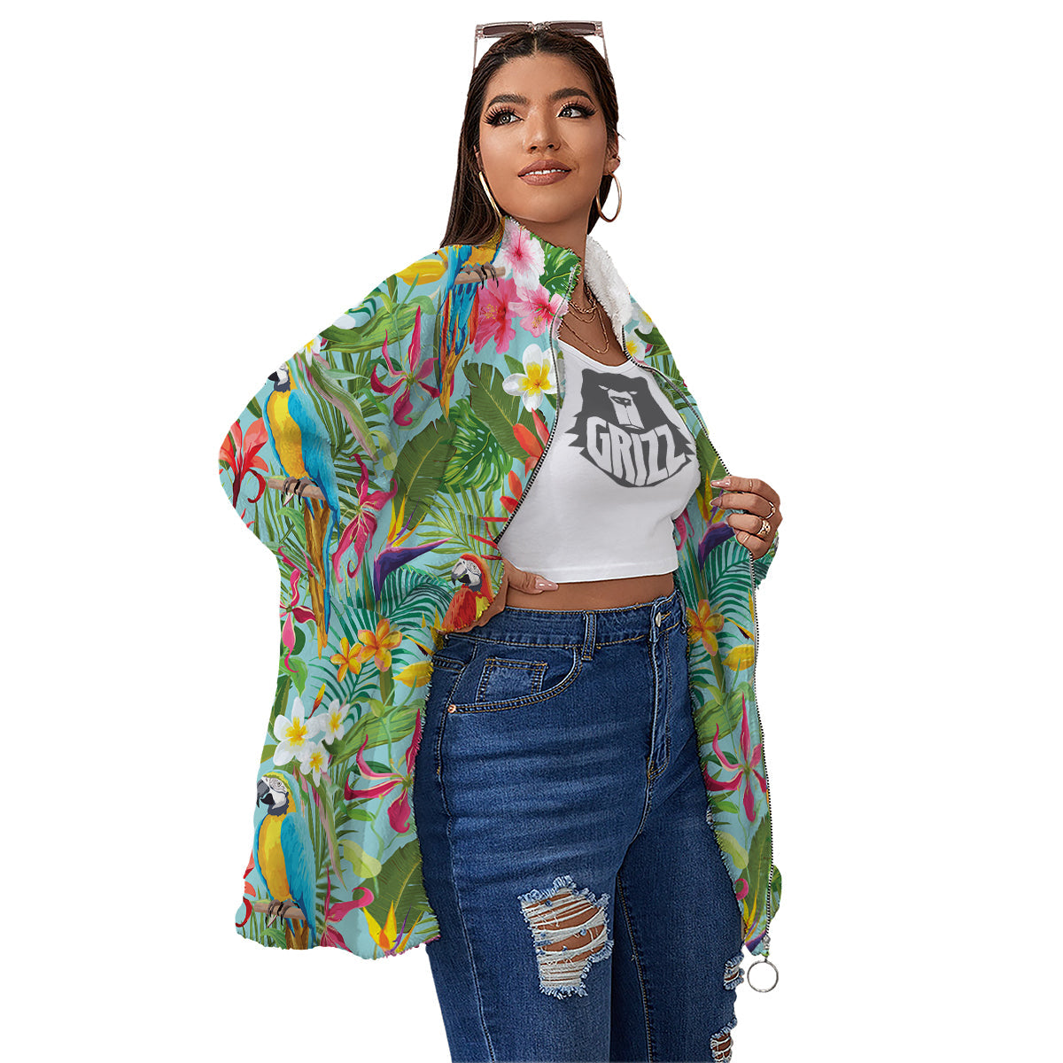 Parrot Tropical Print Pattern Women's Sherpa Jacket-grizzshop