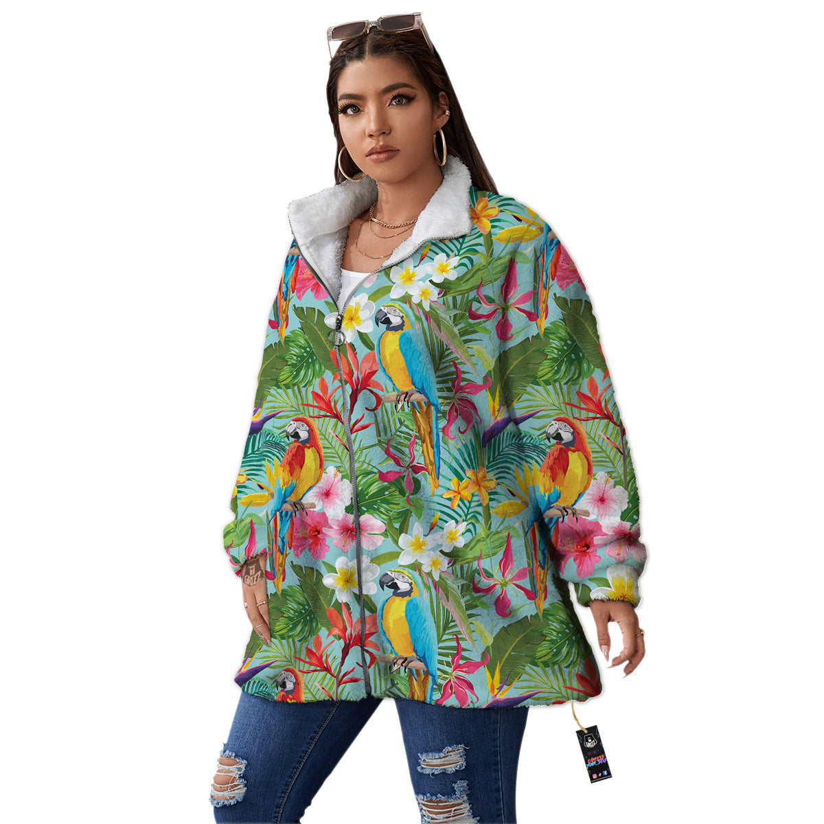 Parrot Tropical Print Pattern Women's Sherpa Jacket-grizzshop
