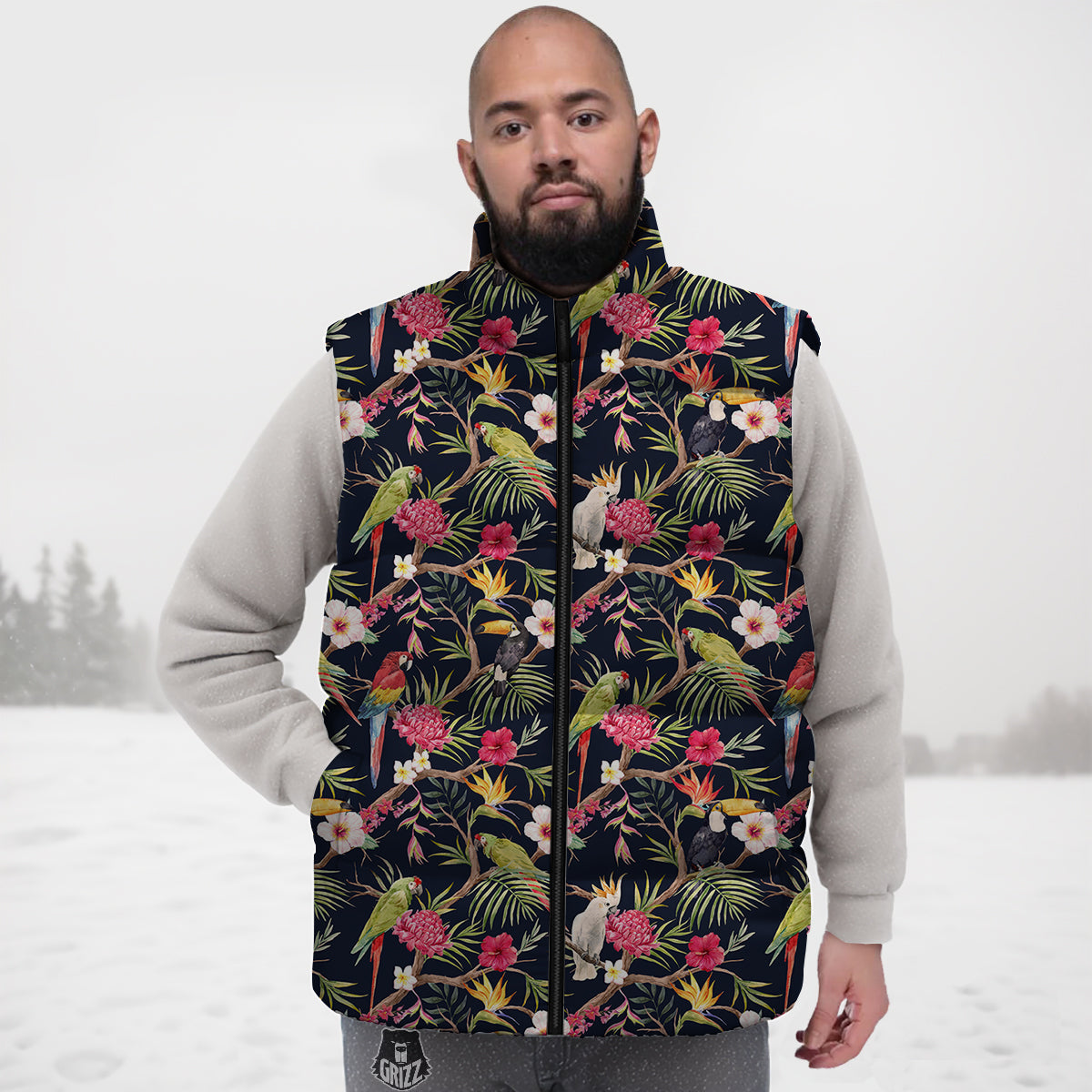 Parrot Watercolor Print Pattern Down Vest
