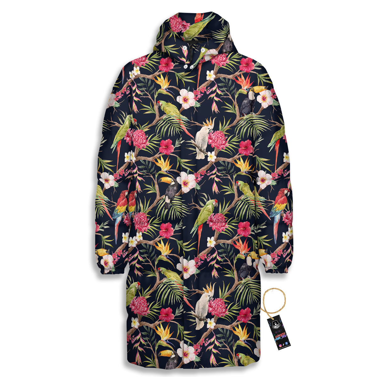 Parrot Watercolor Print Pattern Long Down Jacket-grizzshop