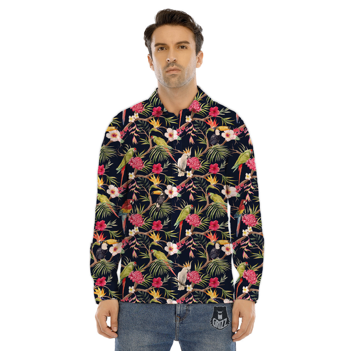 Parrot Watercolor Print Pattern Men's Dress Shirts-grizzshop
