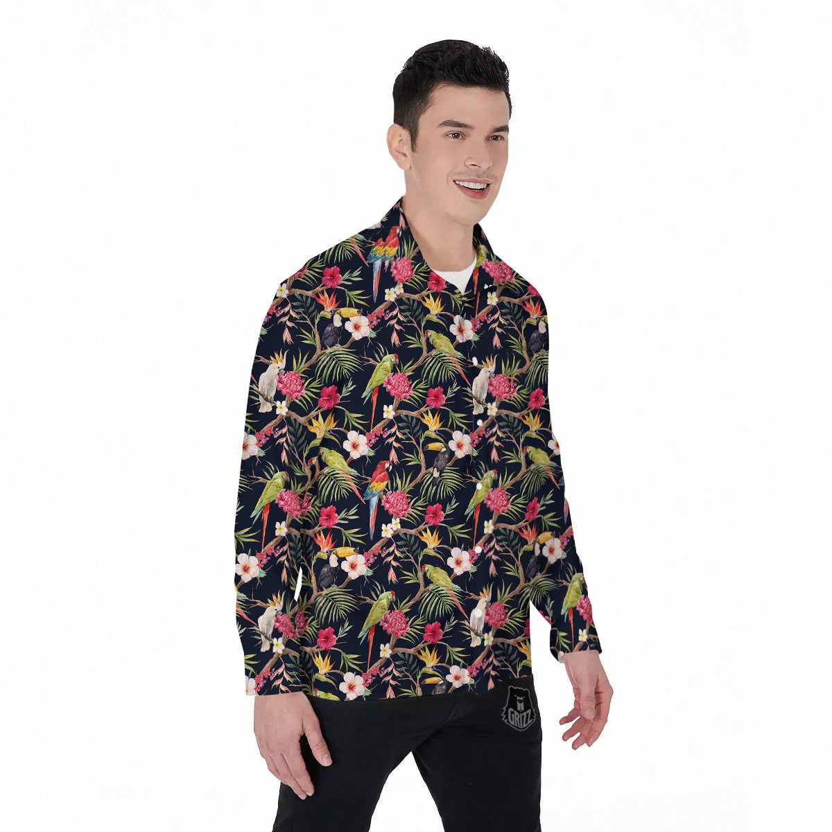 Parrot Watercolor Print Pattern Men's Long Sleeve Shirts-grizzshop