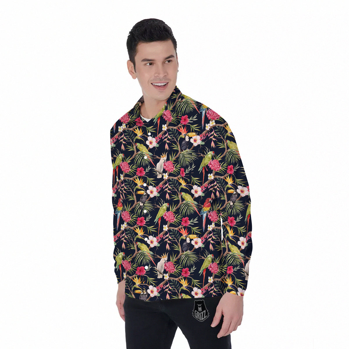 Parrot Watercolor Print Pattern Men's Long Sleeve Shirts-grizzshop