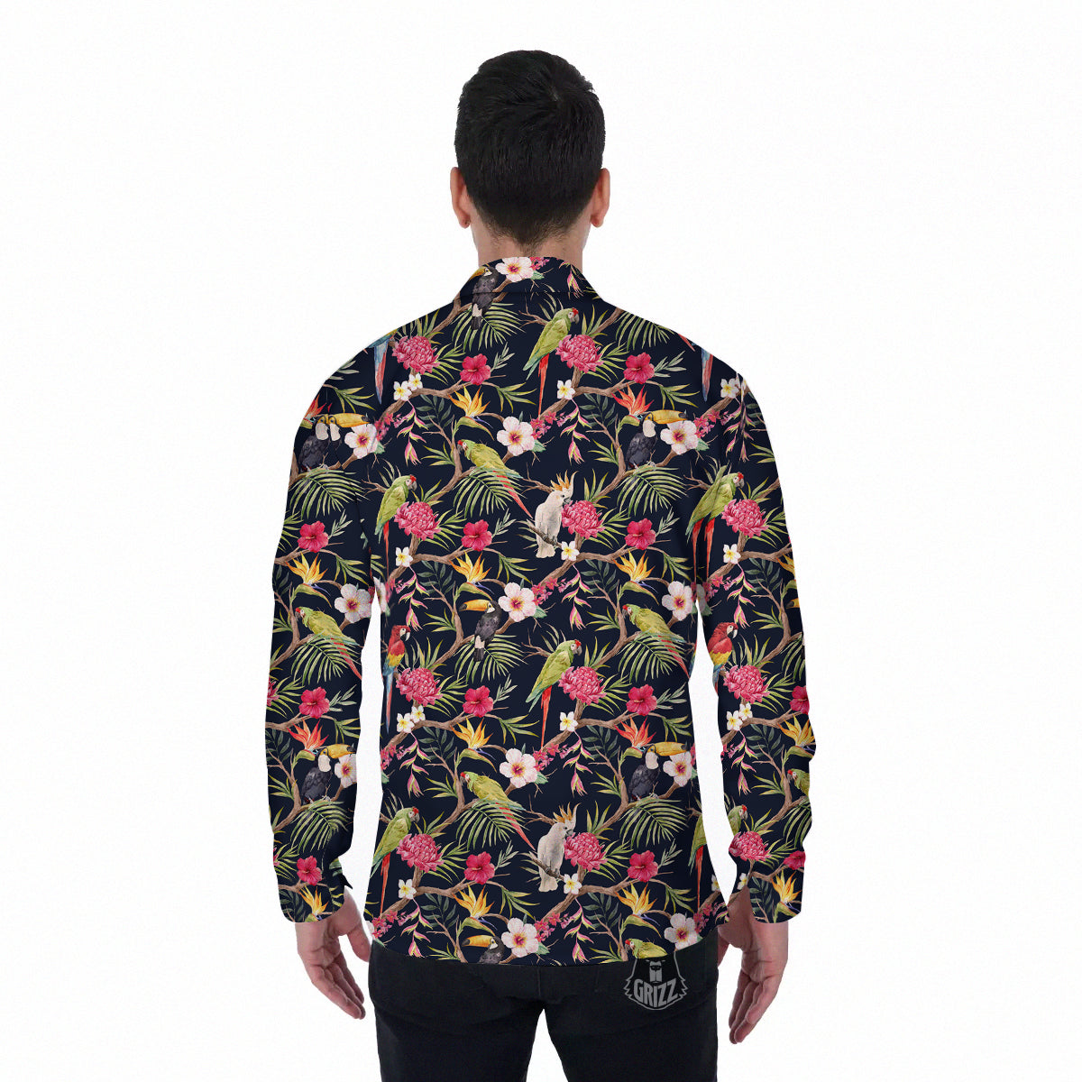 Parrot Watercolor Print Pattern Men's Long Sleeve Shirts-grizzshop