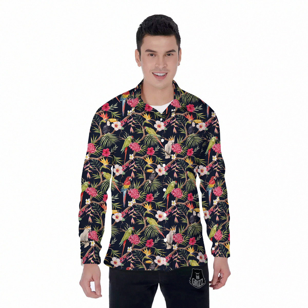 Parrot Watercolor Print Pattern Men's Long Sleeve Shirts-grizzshop