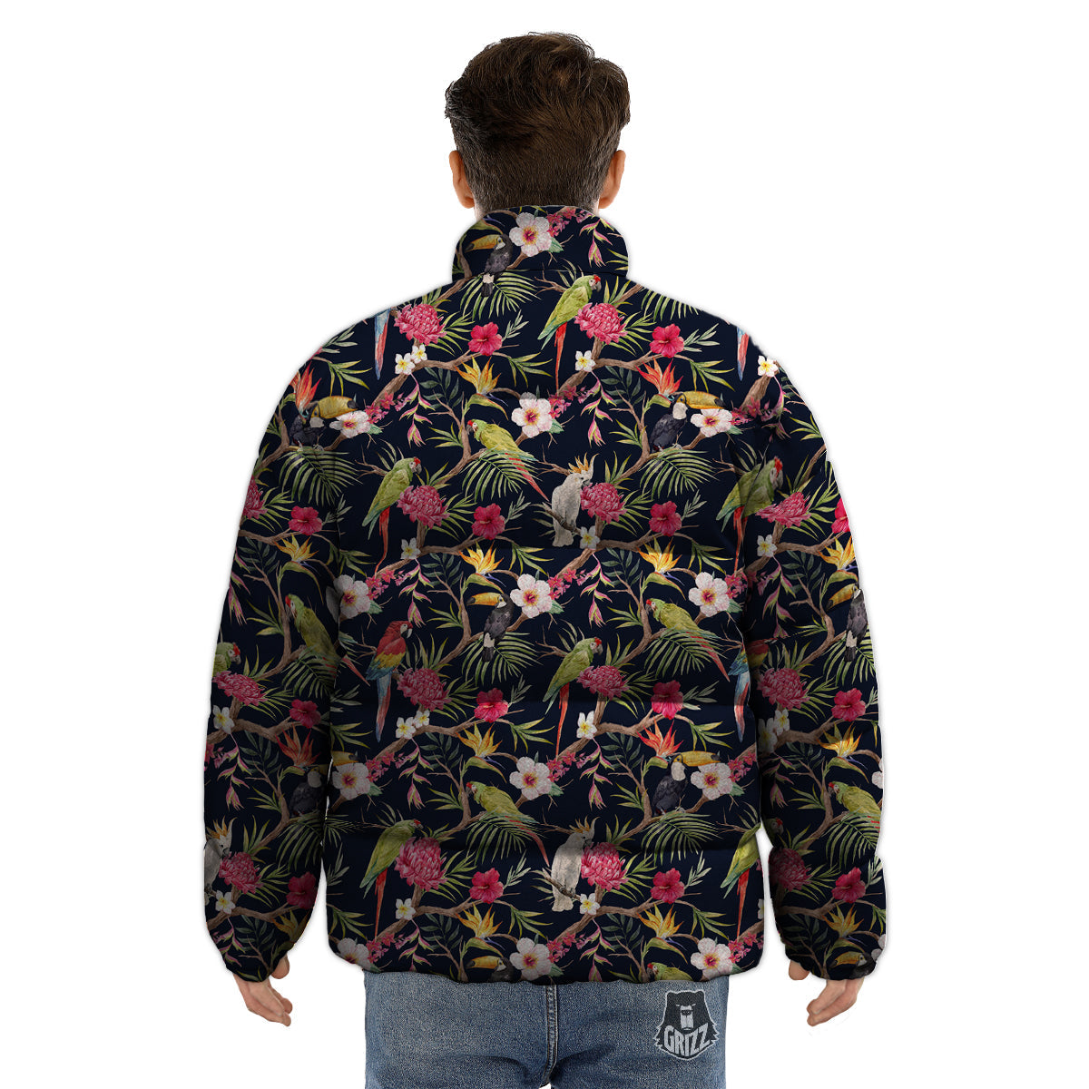 Parrot Watercolor Print Pattern Puffer Jacket-grizzshop