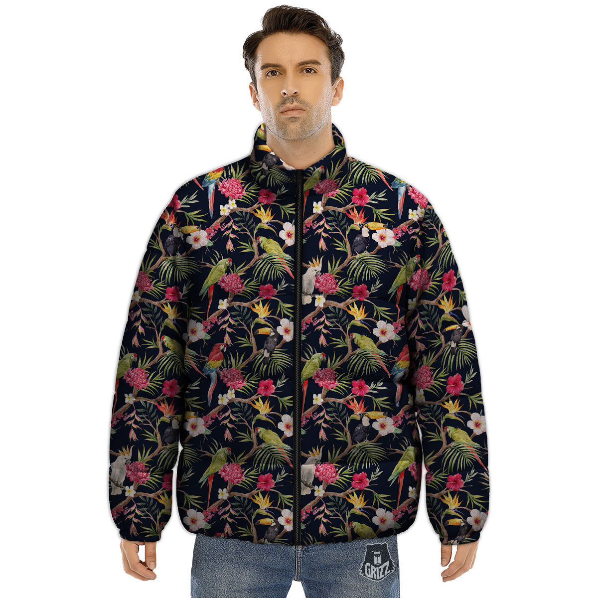Parrot Watercolor Print Pattern Puffer Jacket-grizzshop