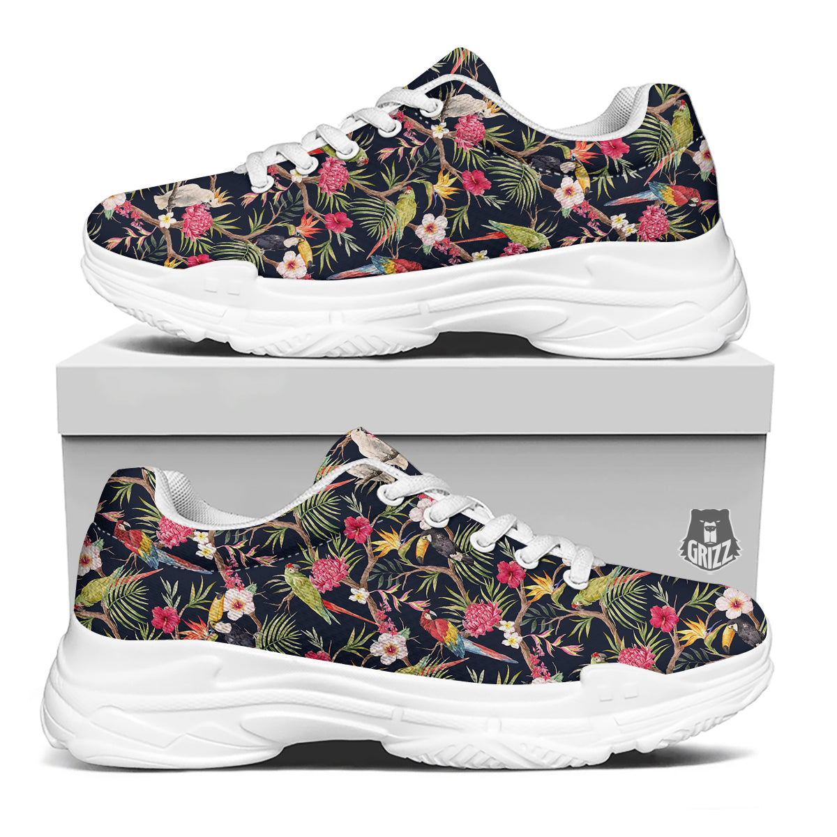 Parrot Watercolor Print Pattern White Chunky Shoes-grizzshop