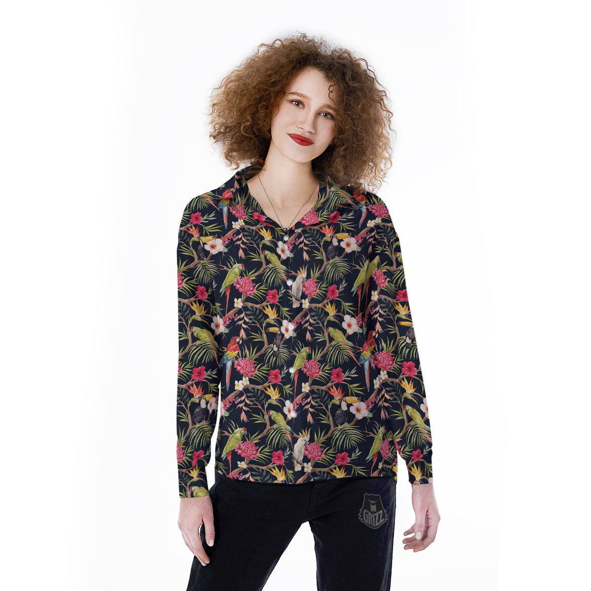 Parrot Watercolor Print Pattern Women's Long Sleeve Shirts-grizzshop
