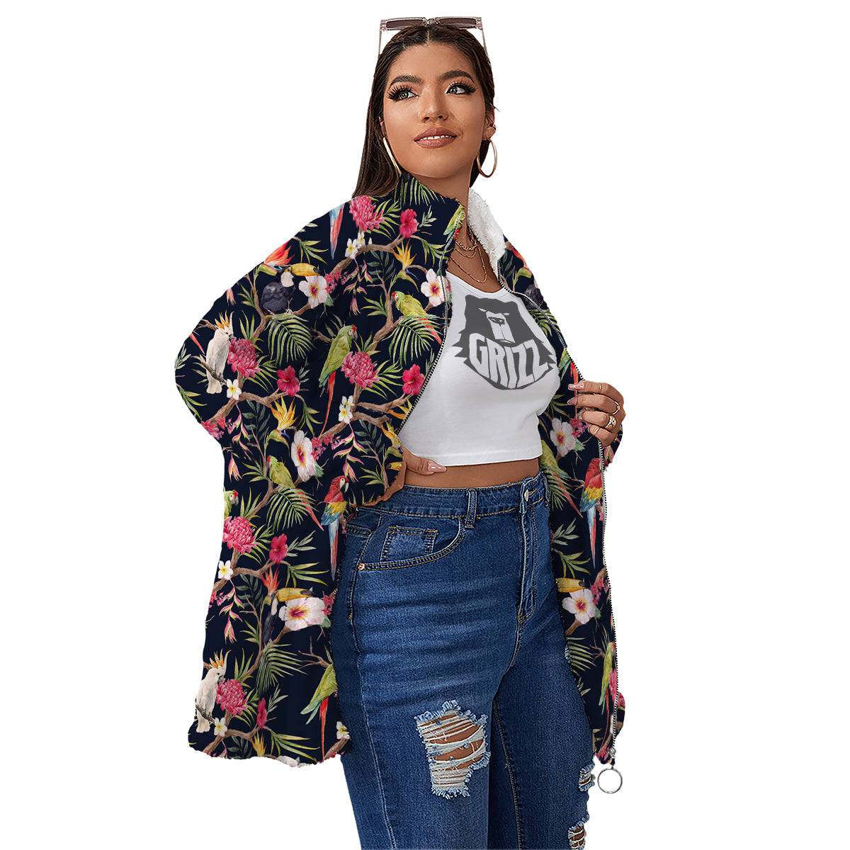 Parrot Watercolor Print Pattern Women's Sherpa Jacket-grizzshop