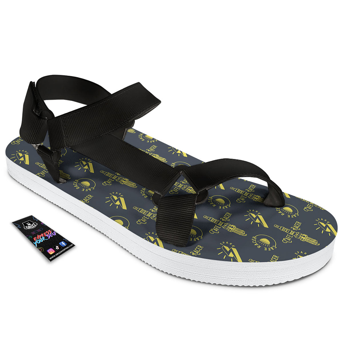Parts Motorcycle Print Pattern Black Open Toe Sandals-grizzshop