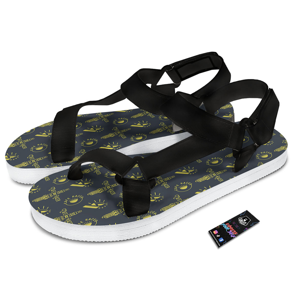 Parts Motorcycle Print Pattern Black Open Toe Sandals-grizzshop
