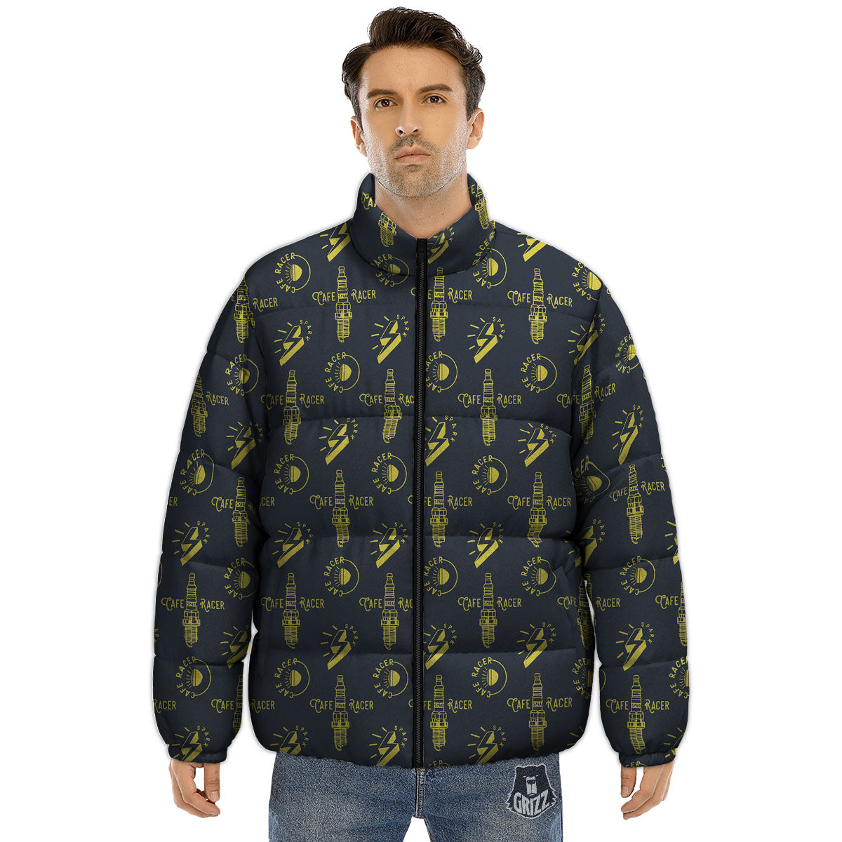 Parts Motorcycle Print Pattern Puffer Jacket-grizzshop