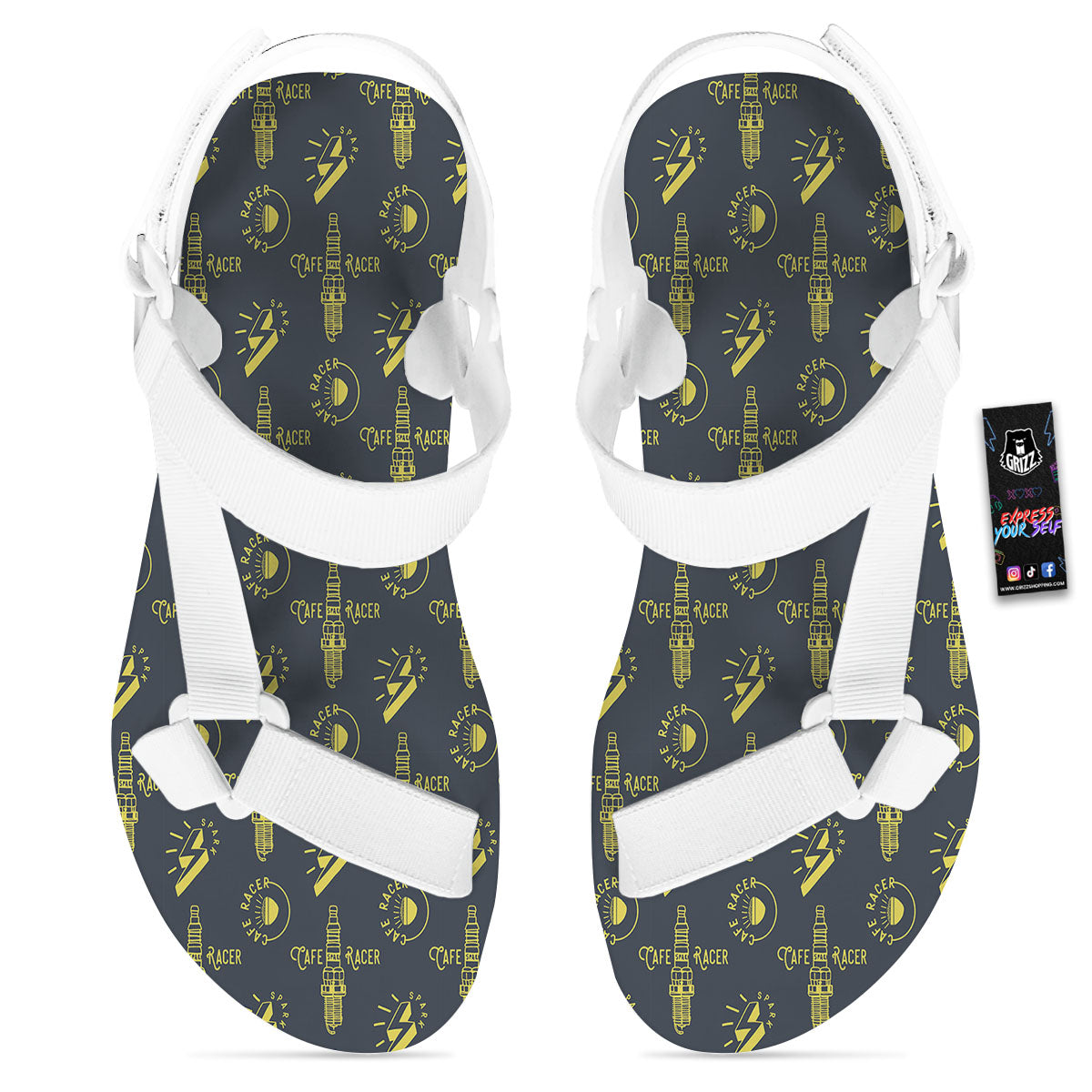 Parts Motorcycle Print Pattern White Open Toe Sandals-grizzshop