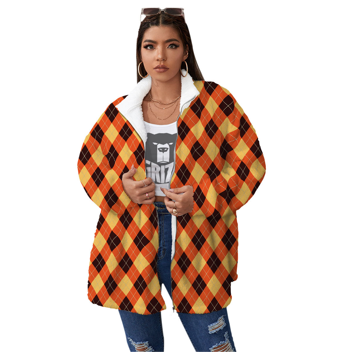 Party Argyle Halloween Print Pattern Women's Sherpa Jacket-grizzshop