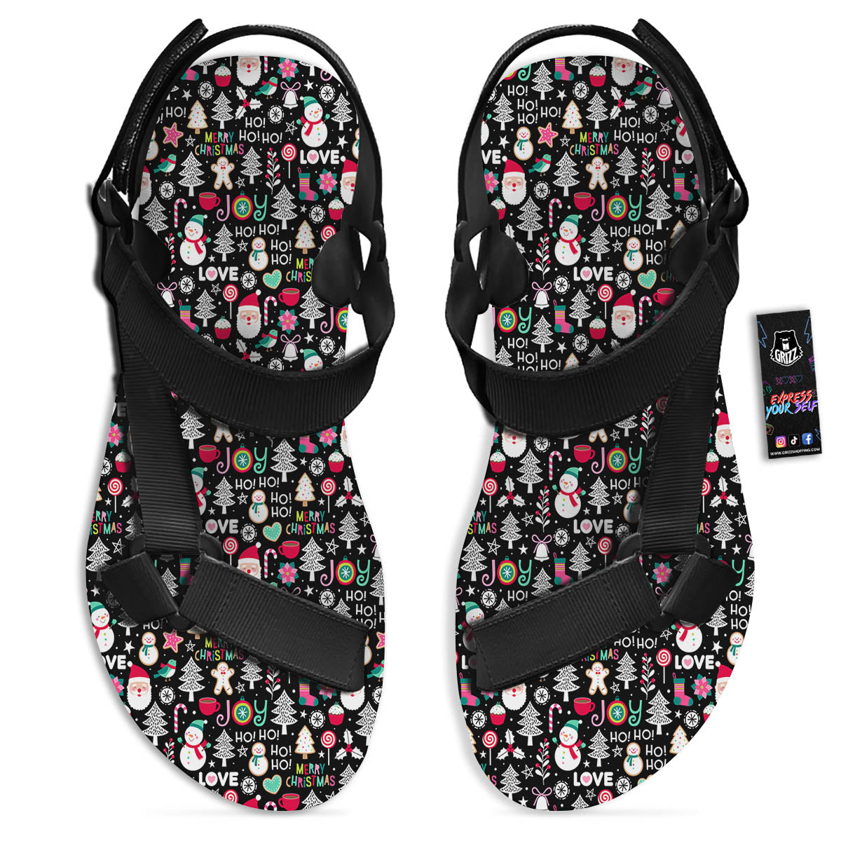 Party Elements Christmas Print Pattern Black Open Toe Sandals-grizzshop