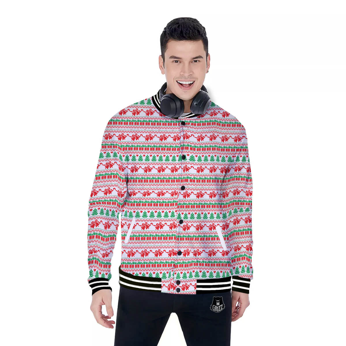 Party Knitted Christmas Print Pattern Baseball Jacket-grizzshop