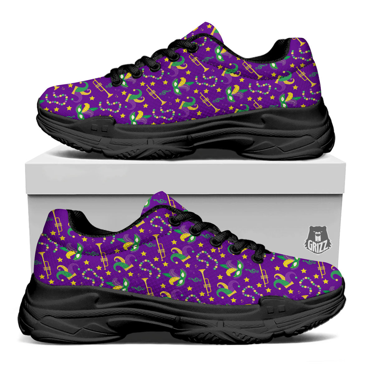 Party Mardi Gras Print Pattern Black Chunky Shoes-grizzshop