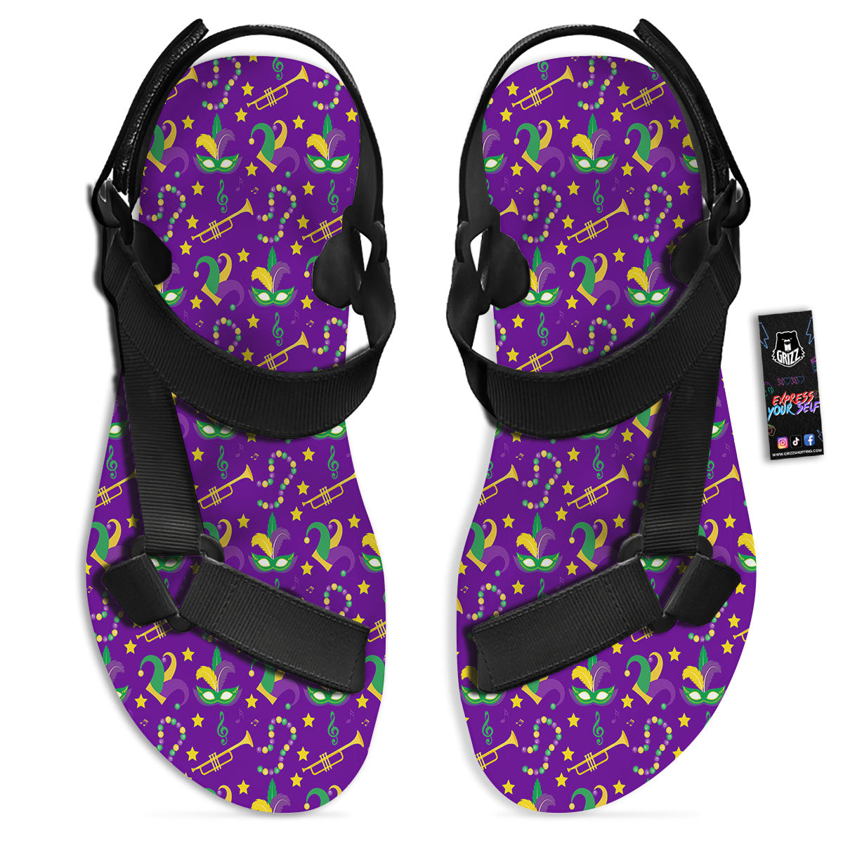 Party Mardi Gras Print Pattern Black Open Toe Sandals-grizzshop