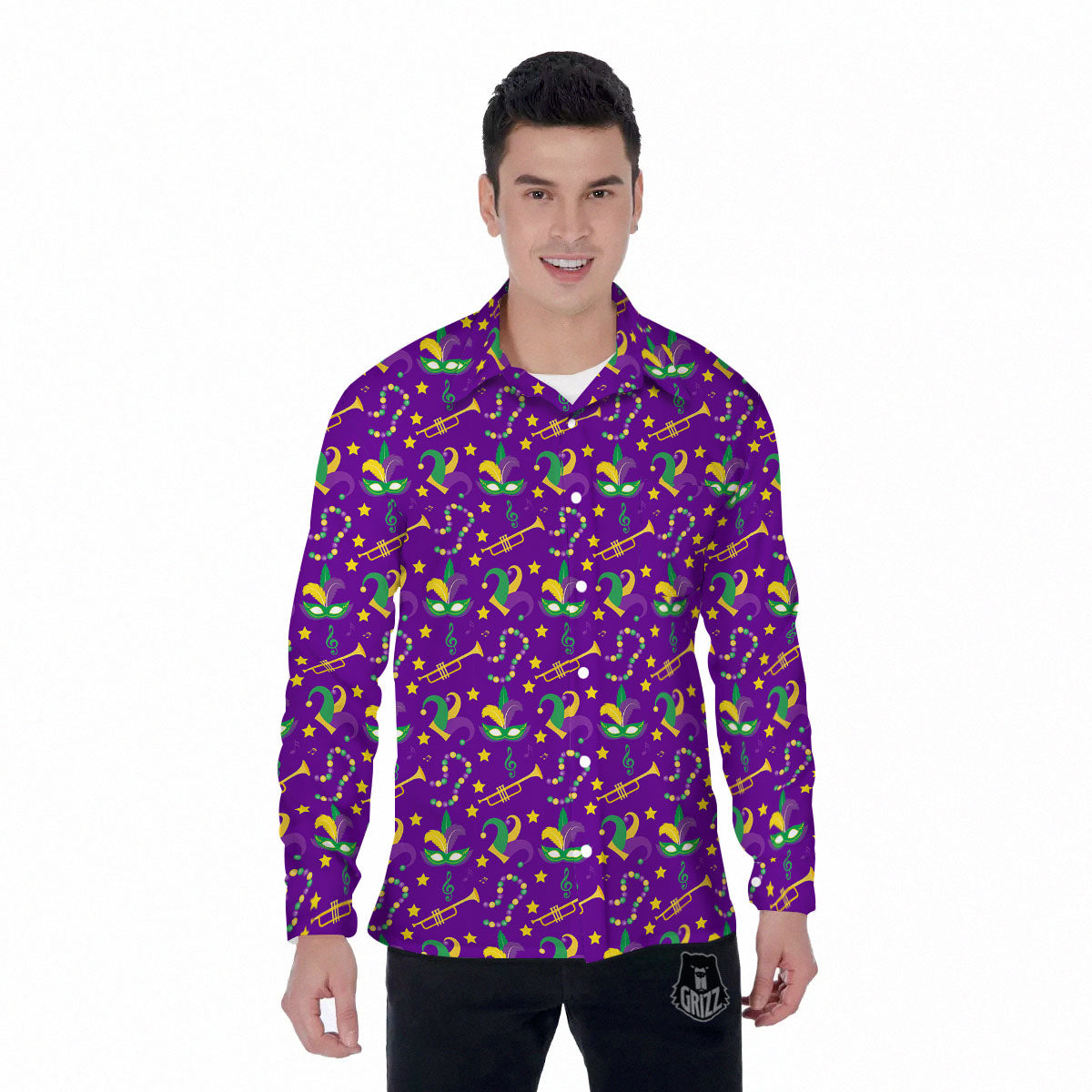 Party Mardi Gras Print Pattern Men's Long Sleeve Shirts-grizzshop