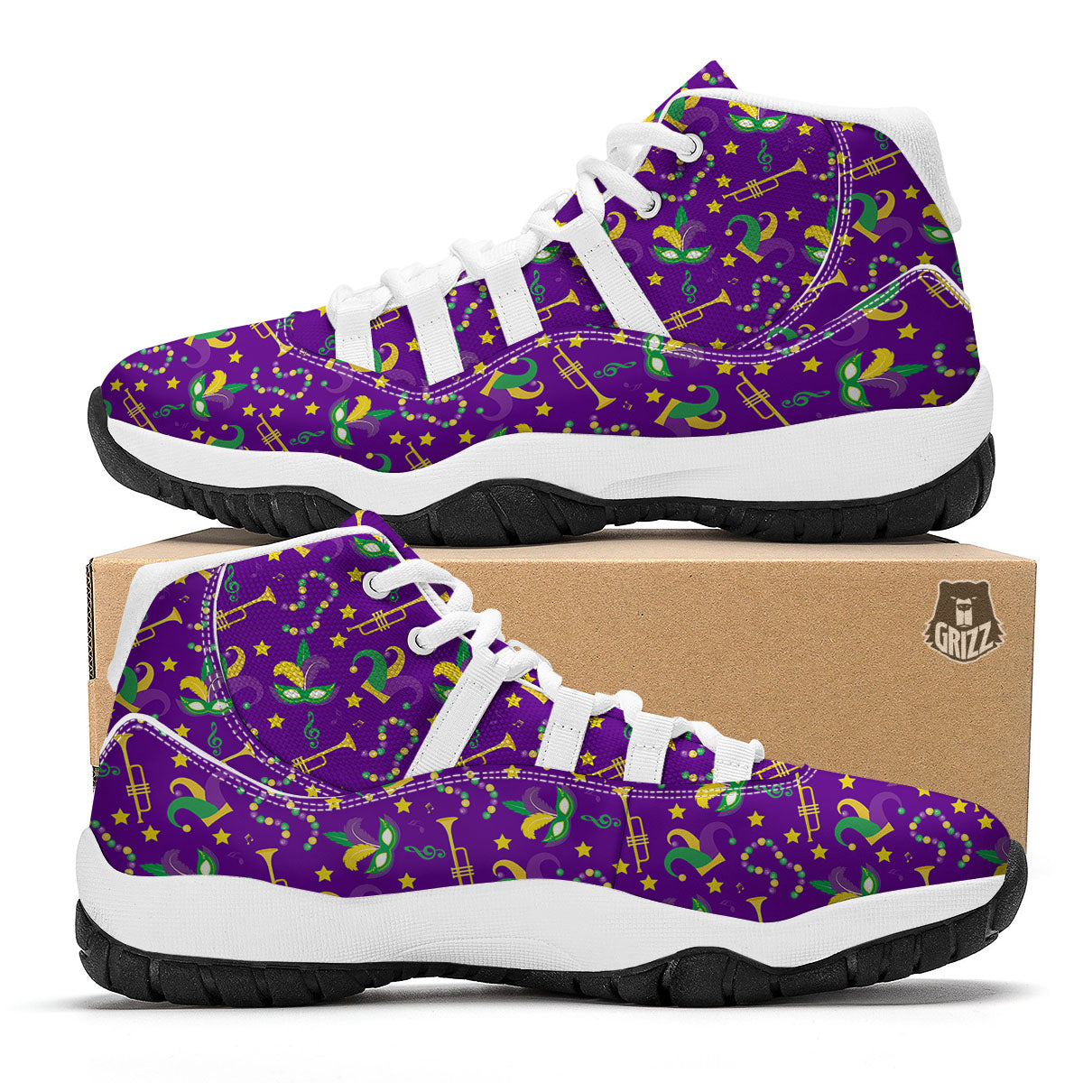 Party Mardi Gras Print Pattern White Bball Shoes-grizzshop