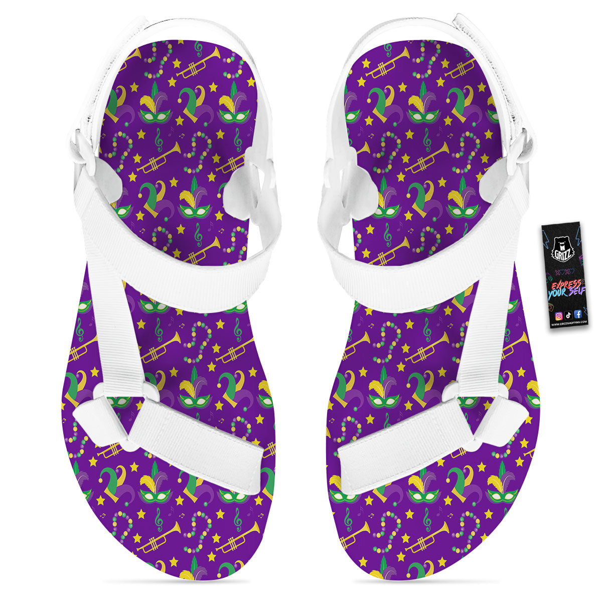 Party Mardi Gras Print Pattern White Open Toe Sandals-grizzshop