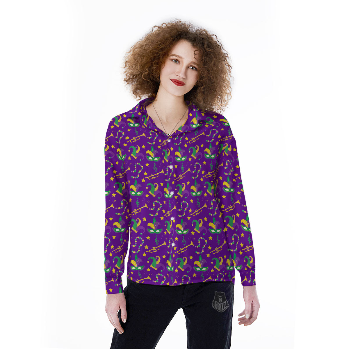 Party Mardi Gras Print Pattern Women's Long Sleeve Shirts-grizzshop