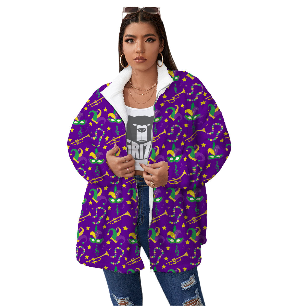 Party Mardi Gras Print Pattern Women's Sherpa Jacket-grizzshop