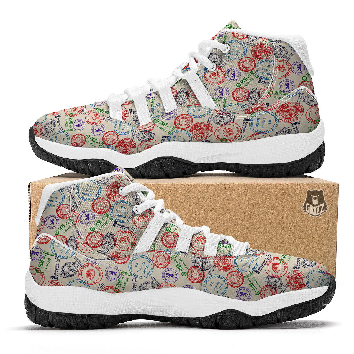 Passport Stamp Vintage Print Pattern White Bball Shoes-grizzshop