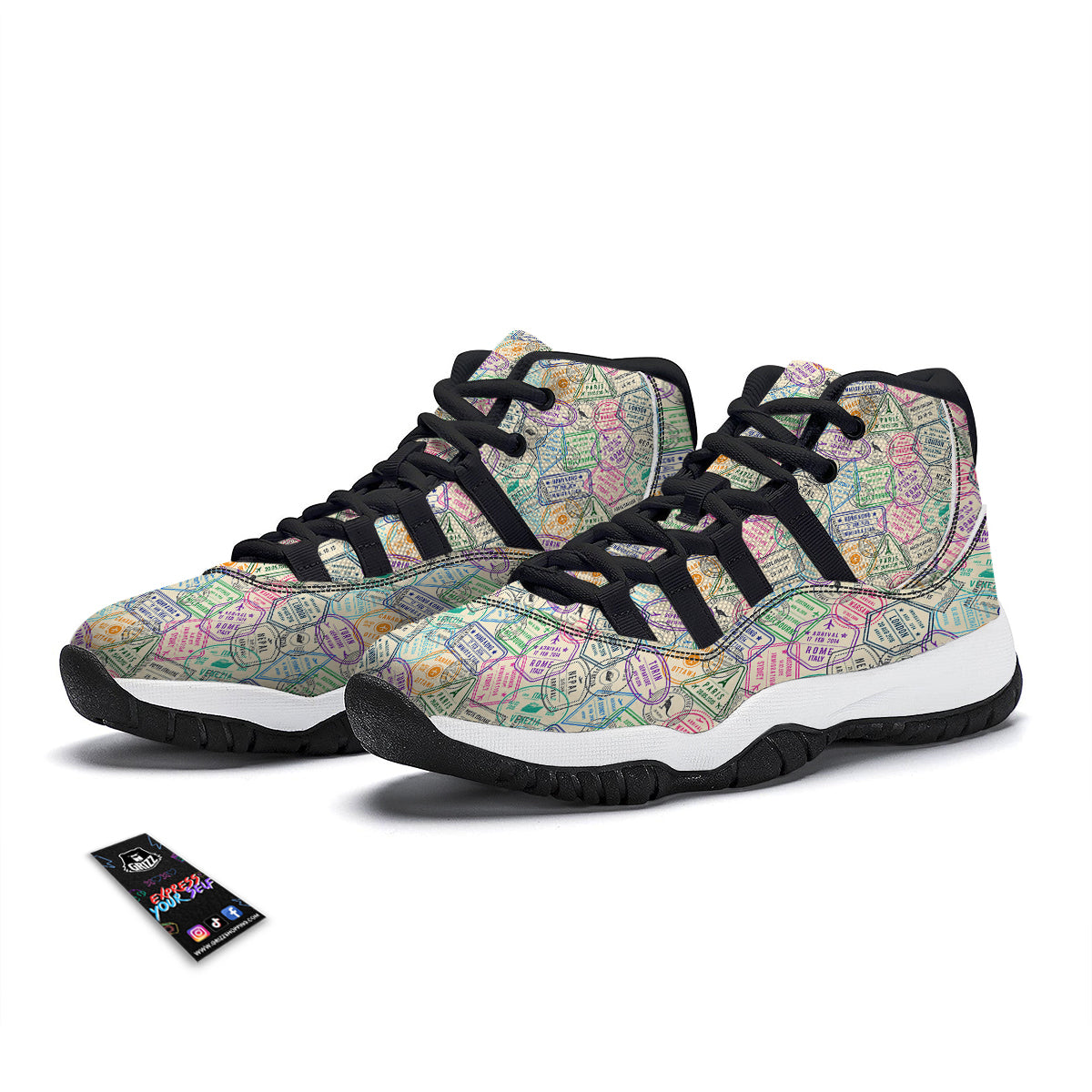 Passport Stamp Vintage Travel Print Pattern Black Bball Shoes-grizzshop