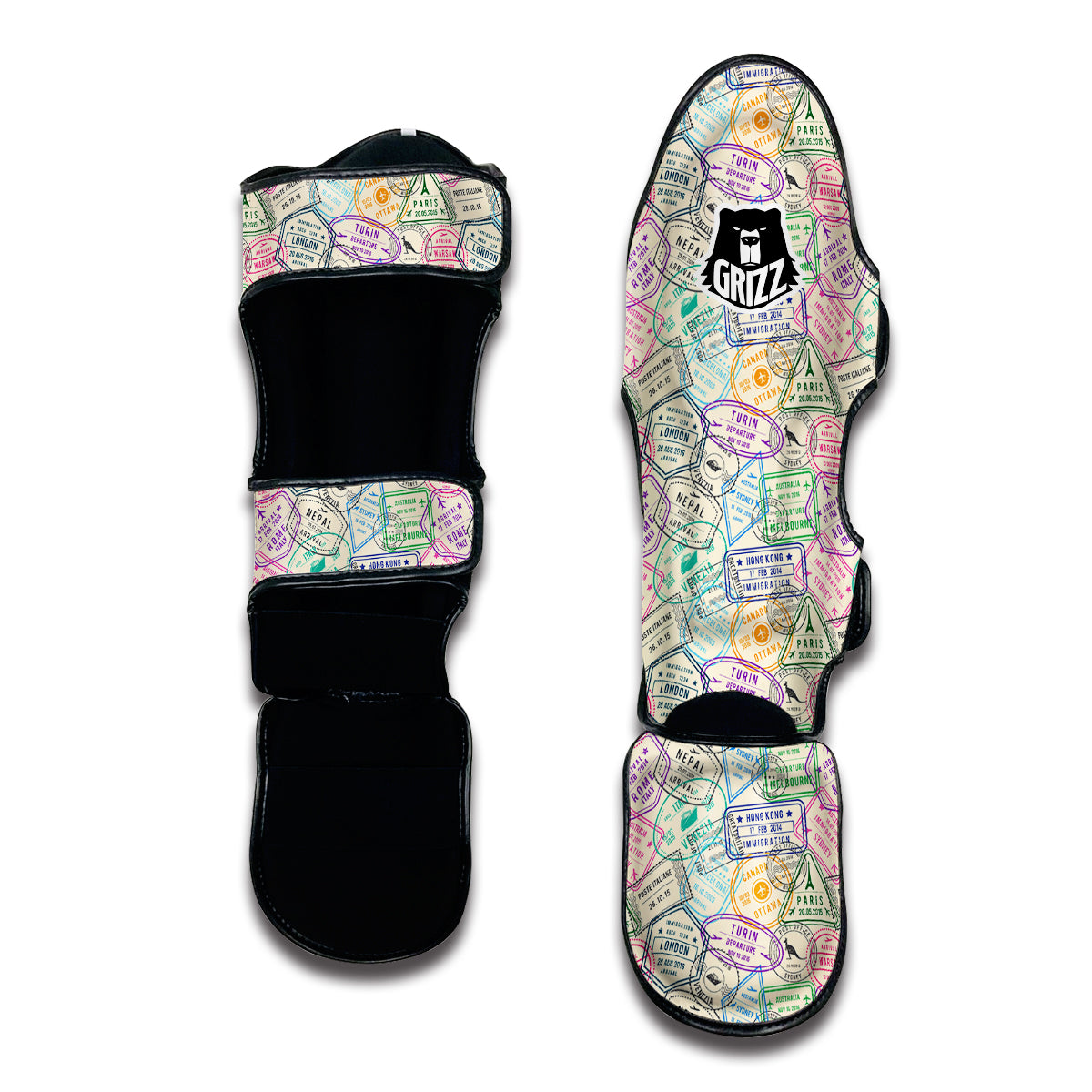 Passport Stamp Vintage Travel Print Pattern Muay Thai Shin Guards-grizzshop