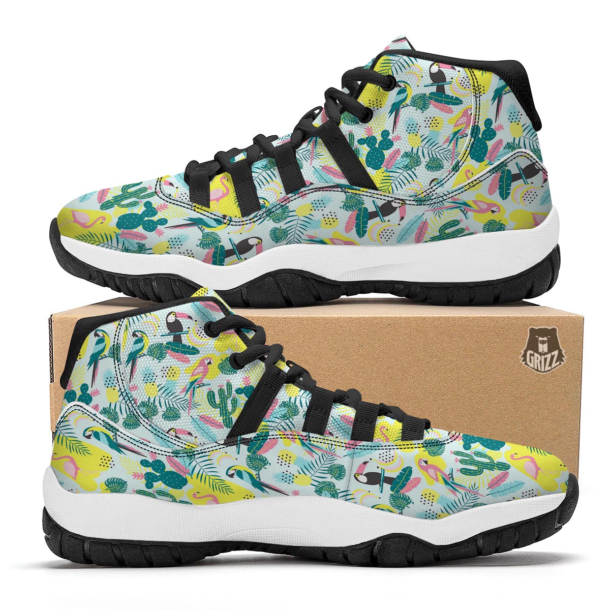 Pastal Parrot Bird Floral Pattern Print Black Bball Shoes-grizzshop