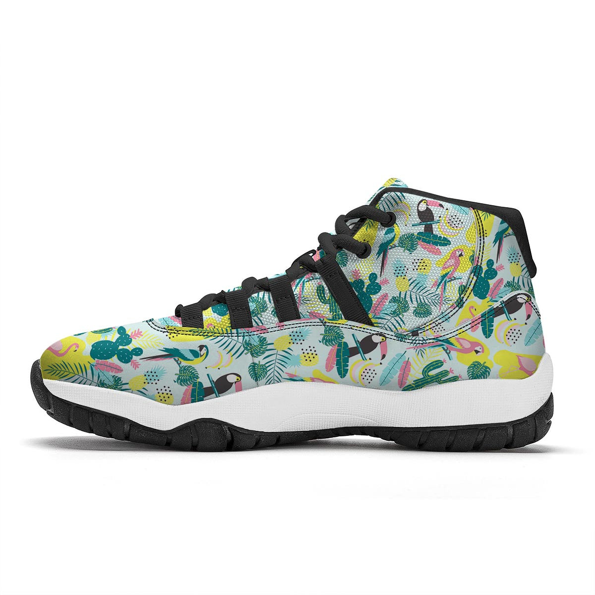 Pastal Parrot Bird Floral Pattern Print Black Bball Shoes-grizzshop