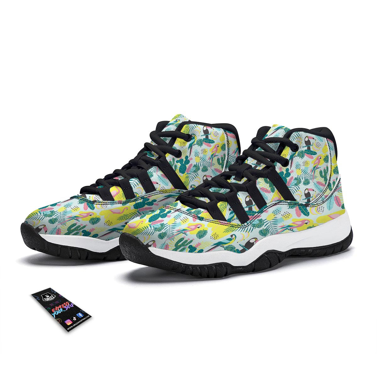 Pastal Parrot Bird Floral Pattern Print Black Bball Shoes-grizzshop