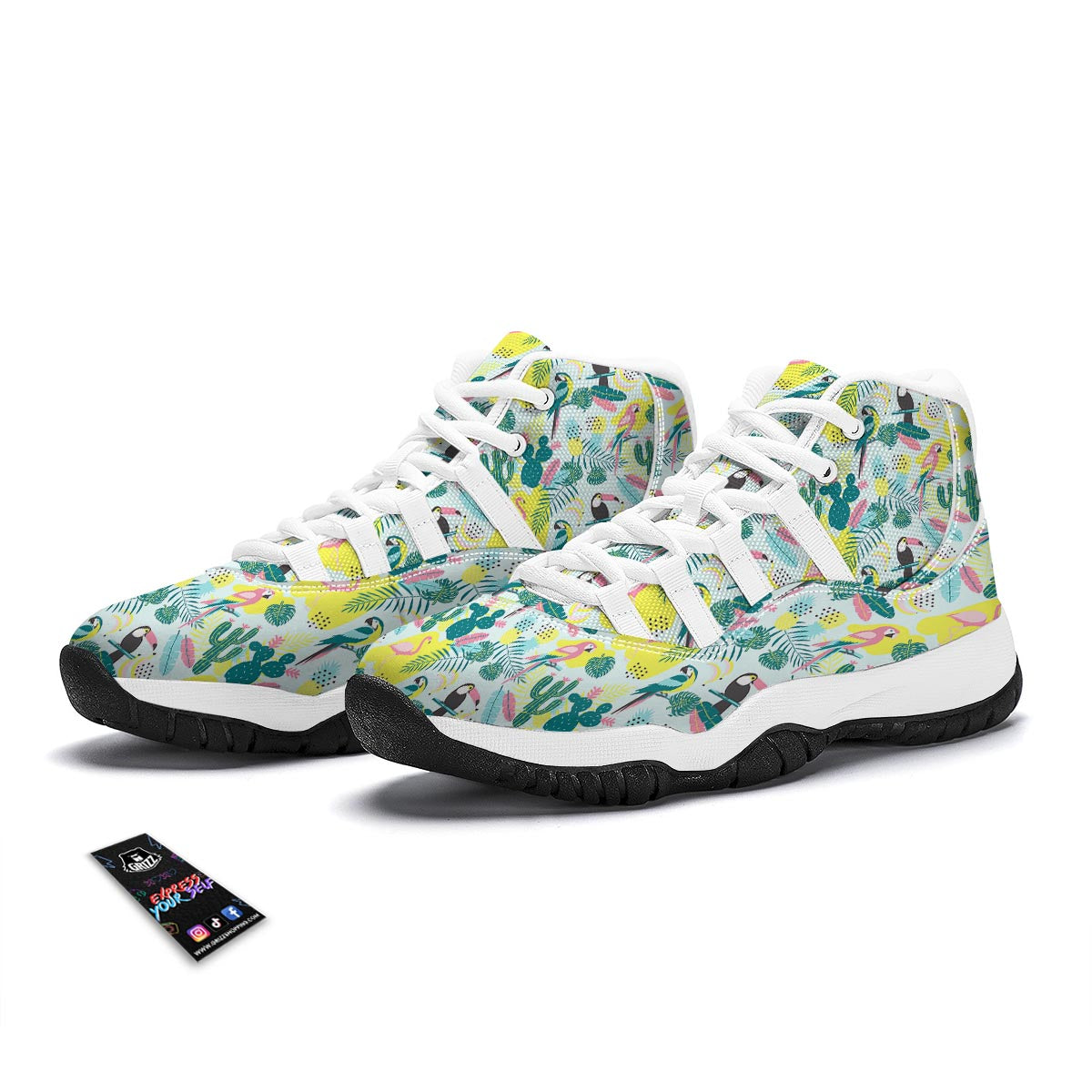 Pastal Parrot Bird Floral Pattern Print White Bball Shoes-grizzshop